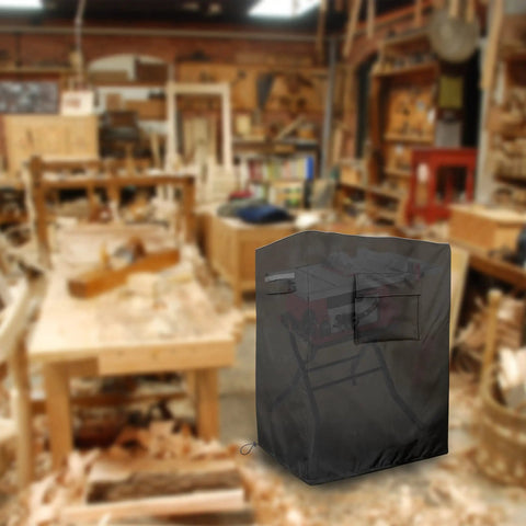 Built Tough Table Saw Cover With Waterproof Jobsite Weather Guard And Integrated Tool Storage Pockets For Contractor Shop Equipment And All Season Protection in a workshop setting.