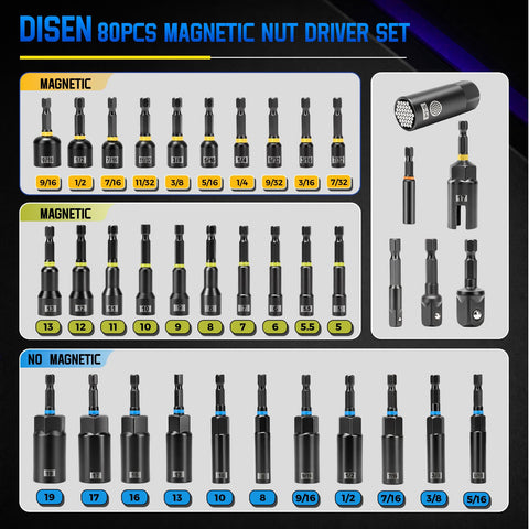 80 Piece Magnetic Impact Nut Driver Set with Socket Adapters for Impact Drivers and Drills Metric and SAE Sizes display