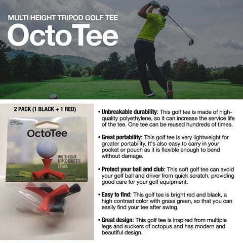 Adjustable Height Flexible Golf Tee Tripod Set on grass, golfer swinging, and packaging featuring black and red rubber tees.