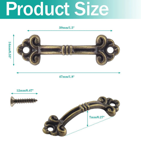 Image showing Vintage Mini Drawer Pulls 20 Pack Bronze Zinc Alloy Antique Style Handles with screw and dimensions labeled