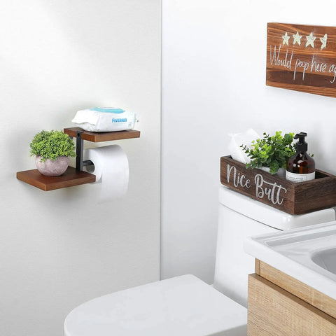Floating Bathroom Shelves With Toilet Paper Holder Wall Mount Wooden Shelf And Black Metal Roll Holder Brown Wood Finish
