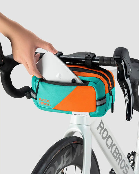 Ride Ready Must Have High Capacity Bike Handlebar Bag With Quick Release Front Bag, 2.5L size, attached to bike with phone pocket