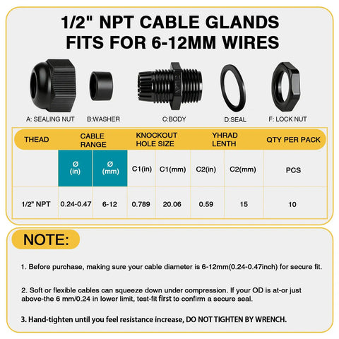 15 Pack Waterproof Cable Glands Half Inch NPT Adjustable Nylon PA66 With Gaskets And Locknut IP68 Heavy Duty Workhorse Vibration Proof For Junction Boxes And Industrial Machinery Black, 6-12mm