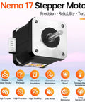 Front view of NEMA 17 stepper motor: silver faceplate, black body, protruding shaft, white connector.