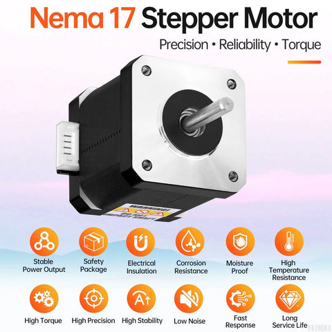 Front view of NEMA 17 stepper motor: silver faceplate, black body, protruding shaft, white connector.