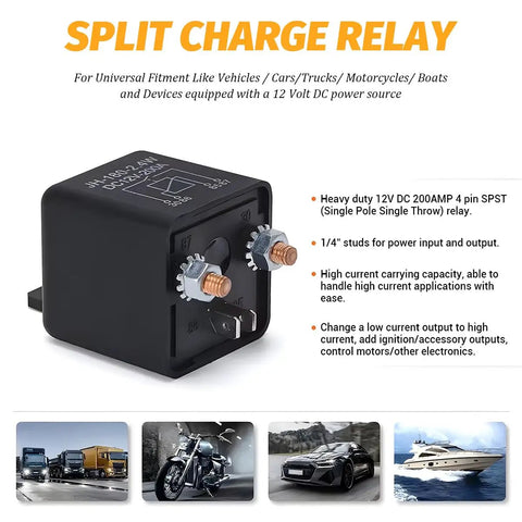 Heavy Duty 12 Volt Relay Switch 2 Pack 200 Amp SPST 4 Terminal Split Charge Starter Relay Built Tough Nylon Housing close up view.