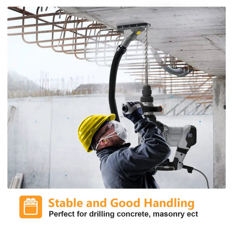 Worker using 12.5 Amp Rotary Hammer Drill With SDS Plus One And A Quarter Inch for drilling concrete ceiling at construction site