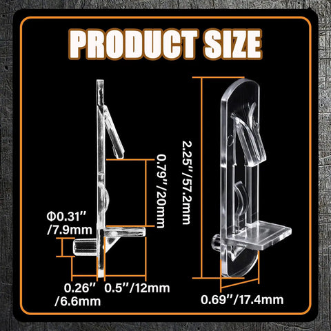 Product size diagram of 20 Pack Of Clear Plastic Locking Shelf Pegs Quick Snap Mount Shelf Pins for Kitchen Cabinets.