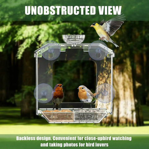 Clear Window Bird Feeder With Ultra Strong Suction Cups Dual Seed Tray And Water Bowl mounted on window with birds inside