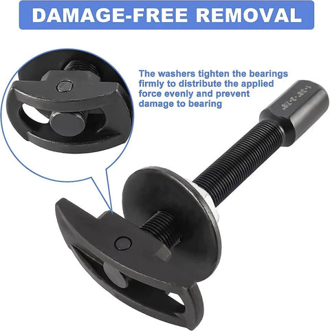 Close-up of Rear Axle Bearing Removal Tool Kit With Slide Hammer And Adapters, showing tightening mechanism and damage-free removal feature.