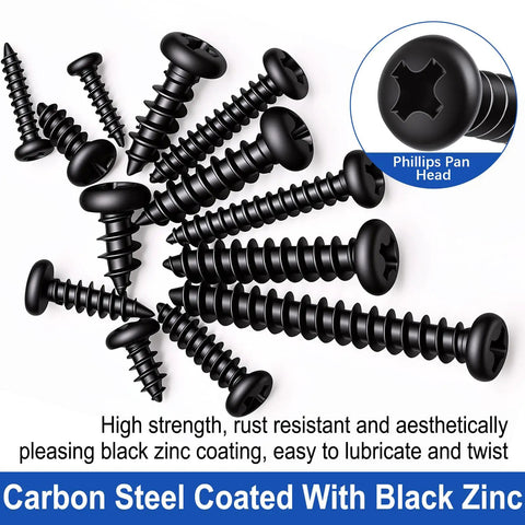 Heavy Duty M2 M3 M4 Phillips Pan Head Self Tapping Wood Screws Assortment Kit 685 Piece Set In 14 Sizes With Black Zinc Plated Carbon Steel For Workshop Rig, showing various sizes.