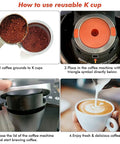 Instructions for using Two Pack Reusable K Cups For Keurig 1.0 And 2.0 Coffee Makers, showing coffee brewing steps.
