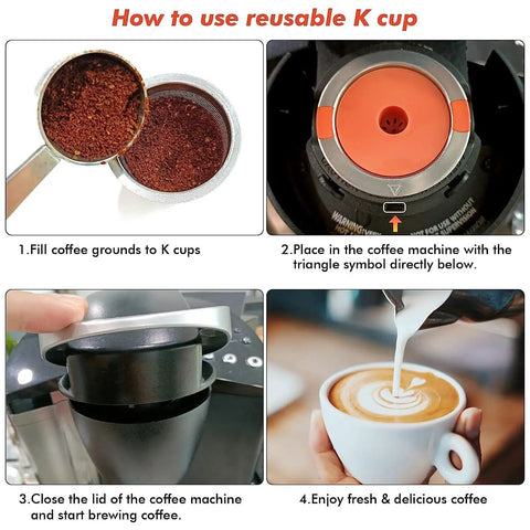 Instructions for using Two Pack Reusable K Cups For Keurig 1.0 And 2.0 Coffee Makers, showing coffee brewing steps.