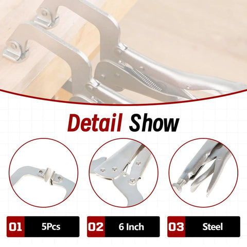 Close-up of a 10 Piece 11 Inch Locking C Clamps With Swivel Pads, Heavy Duty C Type Locking Pliers, Table And Tool Vise Grip