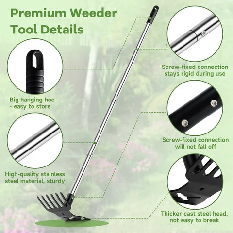 2 In 1 Garden Hoe And Cultivator Weeding Rake With Long Handle shown with premium stainless steel finish and details