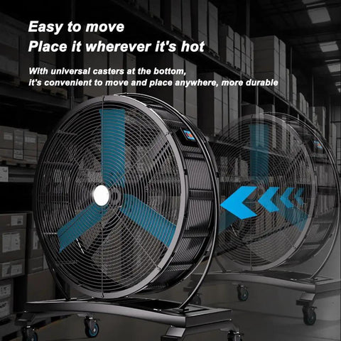 Premium 220V Heavy Duty Floor Fan With 92 Cm Wide Diameter And Tough As Nails Steel Build Delivering Beast Mode Three Speed Settings For Insane 30 Meter Airflow Range featuring universal casters for easy mobility.