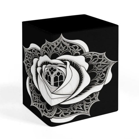 PU Leather Pen Holder Desk Organizer Pencil Cup For Office Supplies with Rose Floral Design on black background
