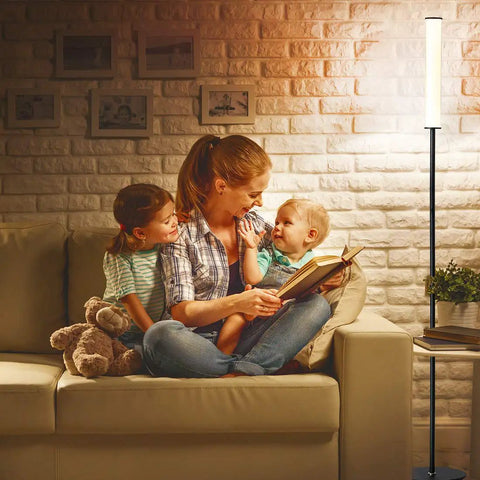 Family reading with Dope Cylinder LED Floor Lamp With Remote, Full Range Dimming And Adjustable Color Temperature 3000K-6000K, Black Finish