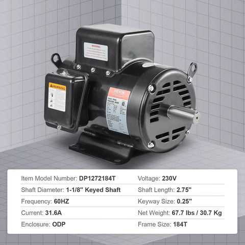 Heavy Duty 7.5 Hp Air Compressor Electric Motor 230V Single Phase 3450 RPM Rock Solid 184T Frame With Reversible Keyed Shaft, side view with details.