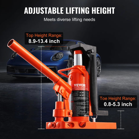 VEVOR orange hydraulic floor jack with toe and top lift; toe height 0.8–5.3 in, top height 8.9–13.4 in