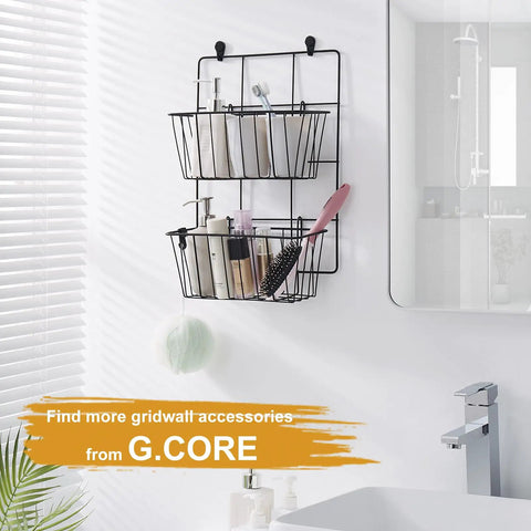 Four Pack Large Grid Wall Baskets With S Hooks For Garage Or Display Shelves Heavy Duty Black Metal Gridwall Organizer in bathroom
