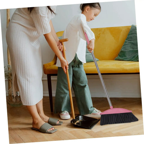 Legit Heavy Duty Pink Broom With Sturdy Steel Handle And Ultra Soft Bristles For Zero Sweat Indoor And Outdoor Floor Cleanup Compact Reusable Dust Brush That Really Cleans, used for tidying floor mess with a child.