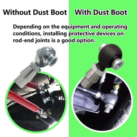 Heavy-Duty Three Quarter Inch Heim Joint Dust Boots 4-Pack Rod End Rubber Covers For Replacements And Repairs Durable Dust Seals To Block Dirt Mud Sand And Water. without and with dust boot on rod ends
