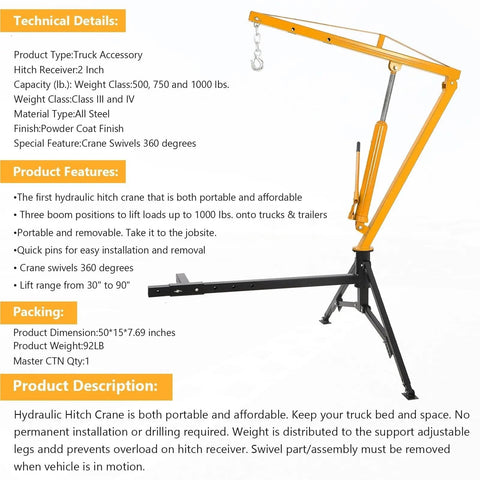Heavy Duty Hydraulic Engine Hoist With Hitch Mount Truck Crane For 2 Inch Receiver Fully Adjustable Boom Red Finish showing portable design and 360-degree swivel capability.