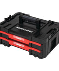 Heavy Duty Plastic Tool Box With Drawers And Stackable Organizer System, black and red, durable case with side latches, top view.