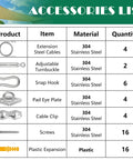Accessories list for 52 Pcs Shade Sail Hardware Kit In Stainless Steel 304 With Adjustable Turnbuckle