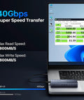 Straight Fire Thunderbolt Enclosure For M.2 NVMe Drives showing 40Gbps transfer speed on laptop screen with usage details.
