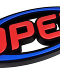 Extra Large 32 By 16 Open Sign With Ultra Bright Red And Blue LEDs Jumbo Neon Style Display, remote controlled, angled view