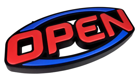 Extra Large 32 By 16 Open Sign With Ultra Bright Red And Blue LEDs Jumbo Neon Style Display, remote controlled, angled view