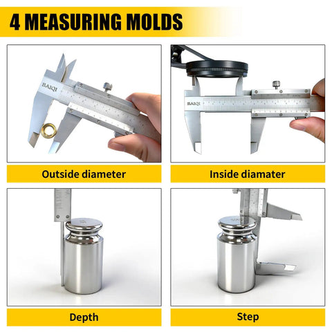 Vernier Caliper Measuring Tool 0-6 Inches 0-150mm Stainless Steel, Handy Pro Grade Precision 0.001 Inch and 0.02 Millimeter Dual Imperial Metric Scale, Outside Inside Depth Step Measurements for DIY Woodworking and Metalworking measuring outside, inside, depth, and step