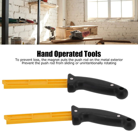 Heavy Duty Magnetic Woodworking Push Stick Set With Super Grippy Handle And Strong Magnet For Metal Rack Storage, two push sticks with black handles and yellow bodies.