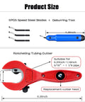Ratcheting tubing cutter, red handle; replace head; 5 blades, deburr tool; for 5/16–1 1/8 in pipe
