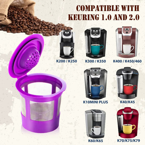Stainless Steel Refillable K Cups For 1.0 And 2.0 Brewers, Eco Friendly Mesh Filter Pods Pack Of 4 shown with coffee makers