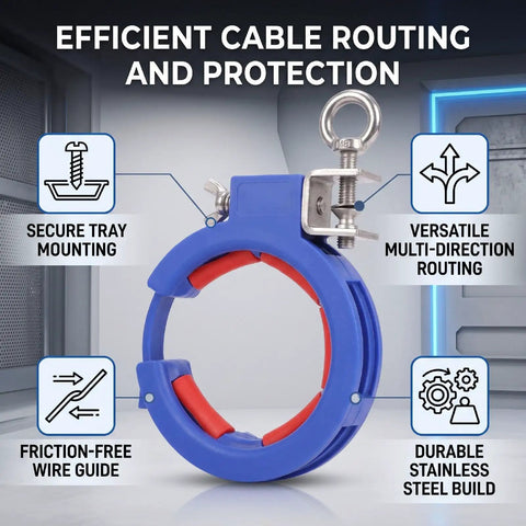 3 Pack 65mm Cable Tray Pulling Rollers Dark Blue Screw In Wire Guide Pulleys For Easy Tray Setup And Quick Wire Routing Smooth Rotation With Red Axle Wire Protection Durable And Versatile mounted on cable tray