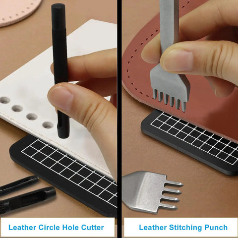 Hands using All In One Leather Punch Tool Set 11 Piece With Hollow Punches 1 To 6mm And Diamond Stitching Chisels 1 2 4 6 Prong DIY Kit