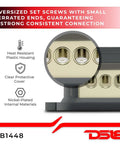 4 Gauge In To 8 Gauge Out Car Audio Distribution Block For Amplifier Wiring Nickel Plated Internal Contacts For Corrosion Resistance Heavy Duty Power Hub That Keeps Your Connections Tight And Ready To Roll. close-up nickel-plated terminals and clear cover
