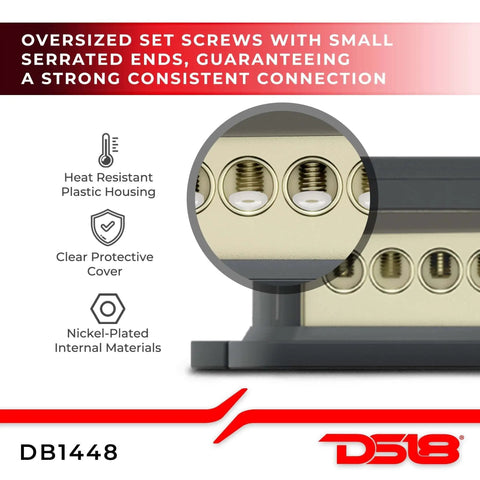 4 Gauge In To 8 Gauge Out Car Audio Distribution Block For Amplifier Wiring Nickel Plated Internal Contacts For Corrosion Resistance Heavy Duty Power Hub That Keeps Your Connections Tight And Ready To Roll. close-up nickel-plated terminals and clear cover