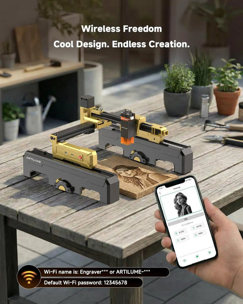 3W Laser Engraver Portable Cutter Machine With App Control Height Riser And Protective Case For Wood Leather Acrylic Coated Metal Diy Crafting 200x150mm Working Area Starter Kit Dope Engraving shown in use on a wooden table with app control on a smartphone