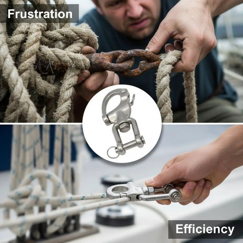 Heavy Duty 316 Stainless Steel Snap Shackles Quick Release Marine Swivel Hooks shown in use for rigging lines.