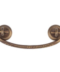 Classic Aged Brass Drawer Bail Pull With Three Inch Centers For Antique Cabinets And Dresser Drawers, Traditional Reproduction Furniture Hardware With Fifteen Sixteenth Inch Rosette Diameter, Includes Two Eye Bolts And Two Rosette Backplates