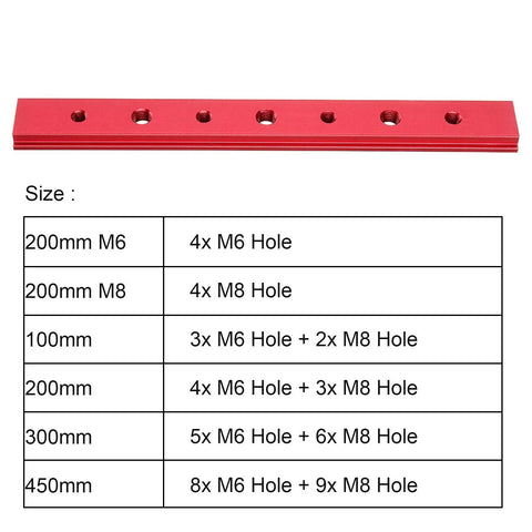 Heavy Duty Aluminum Miter Bar Slider for T Slot with holes, sizes 200mm, 300mm, 450mm, red anodized finish, accurate alignment tool.