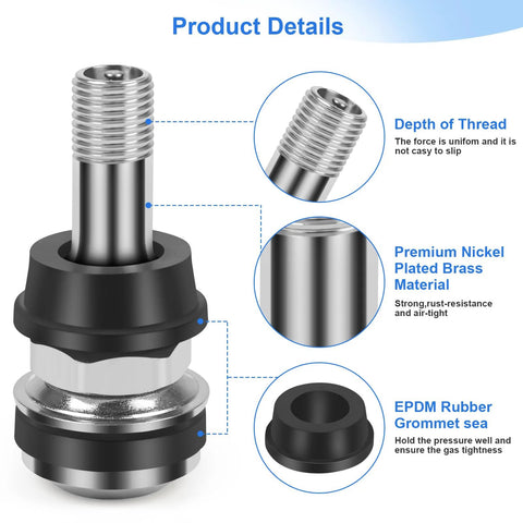Front view of brass Schrader tire valve stem; 1-1/2 in; EPDM grommet; 6-pack; fits 0.453–0.625 in rim holes.
