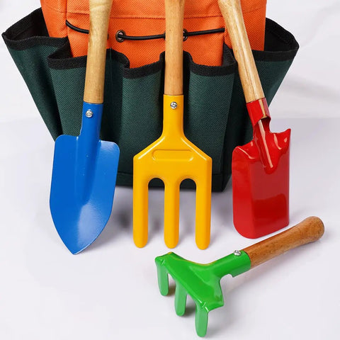 Kids Metal Garden Tool Set For Little Green Thumbs With Real Shovel Rake Fork Trowel and Tote Bag