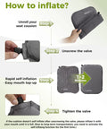 How to inflate Go-To Self-Inflating Seat Cushion For Travel And Outdoors, showing steps with images of valve and cushion.