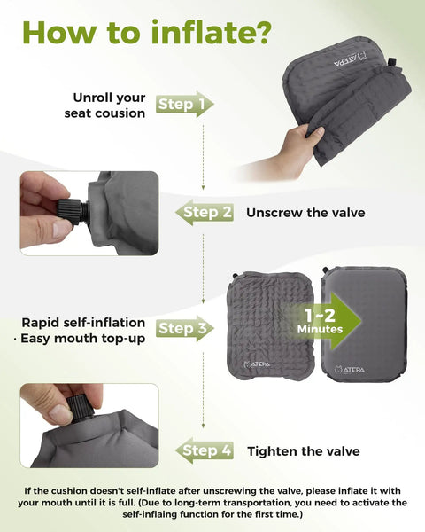 How to inflate Go-To Self-Inflating Seat Cushion For Travel And Outdoors, showing steps with images of valve and cushion.