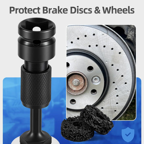 Dope Wheel Hub Cleaning Tool With Dual Head Adapter for brake disc protection and rust removal, shown with pads and brake rotor.